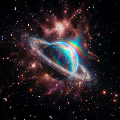 Rainbow Ringed Planet in Nebula