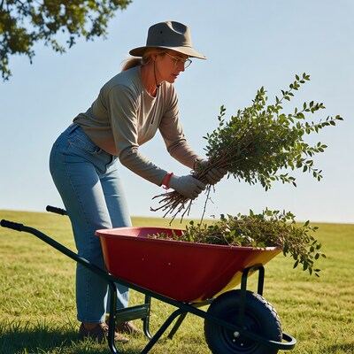 Woman loading branches into wheelbarrow