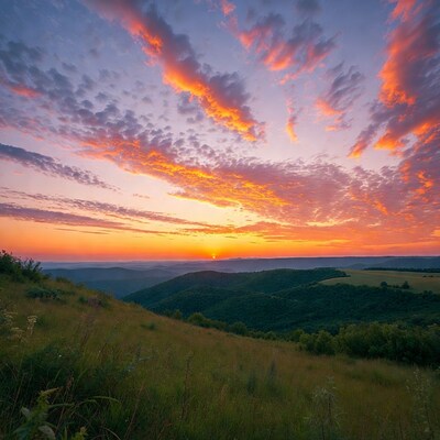 Sunset over green rolling hills