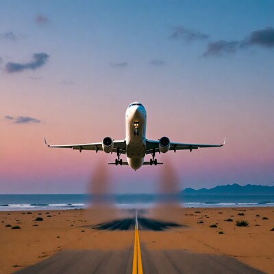 Airplane landing on beach runway at sunset
