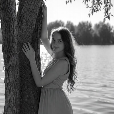 Girl hugging tree by lake