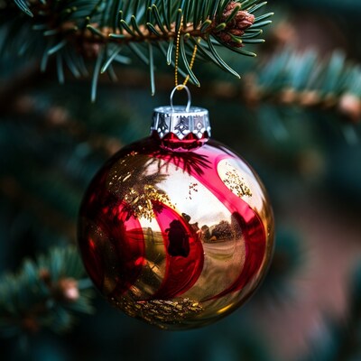 Red gold Christmas ornament on fir branch