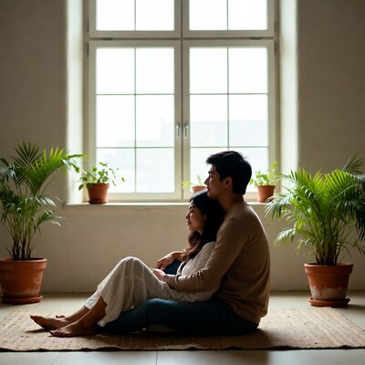 Asian couple embracing by window