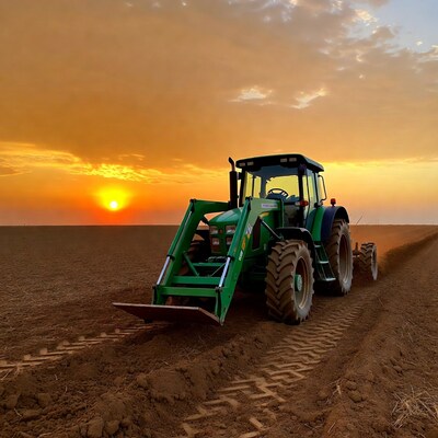 Green tractor plowing field at sunset