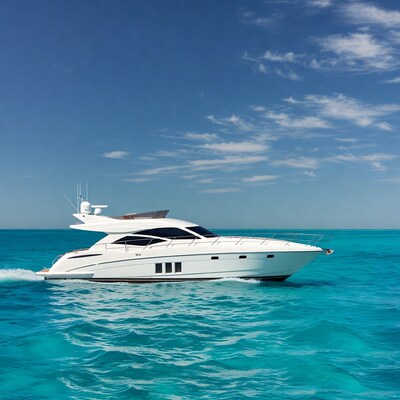 White motor yacht speeding on turquoise sea
