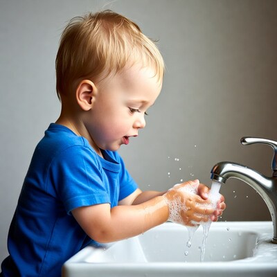 Toddler washing hands at sink