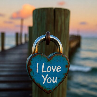 Rusty heart lock I Love You on pier