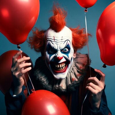 Pennywise clown holding red balloons
