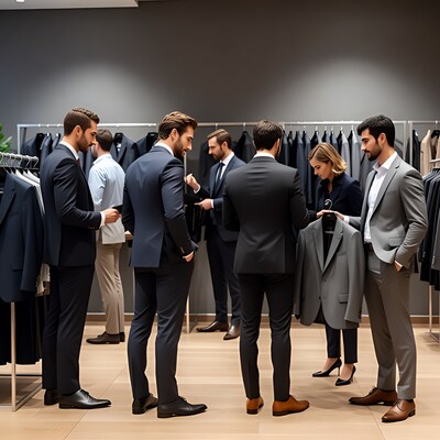 Group in suits shopping at menswear store