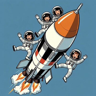 Cartoon kids astronauts on rocket