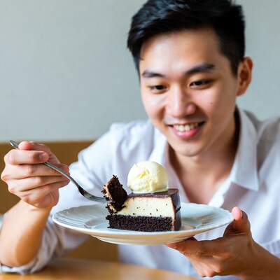 Asian man eating cheesecake with ice cream
