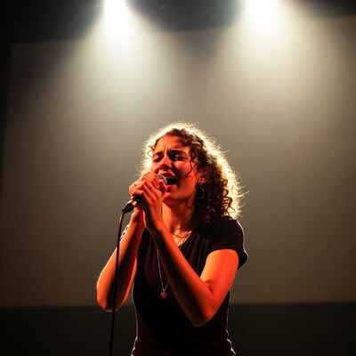 Woman singing into microphone on stage