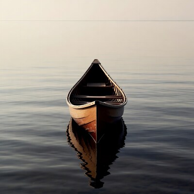 Canoe on calm lake with reflection
