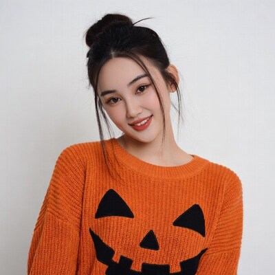 Asian woman in jack-o-lantern sweater