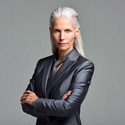 Silver-haired woman arms crossed suit