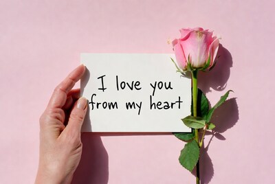 Hand holding I love you note with pink rose