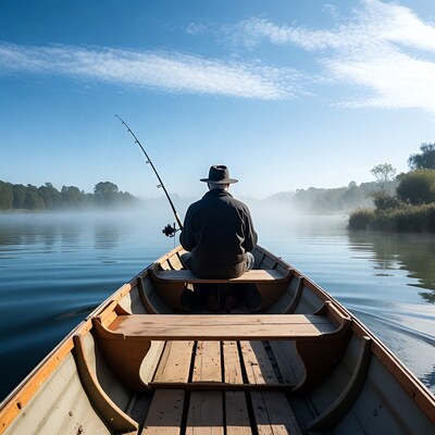 Man fishing from canoe on misty lake