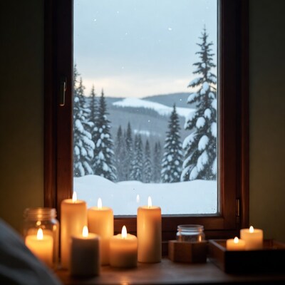 Candles by window with snowy forest view