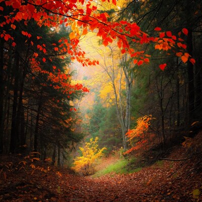 Autumn Forest Path with Red Leaves