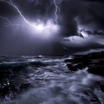 Lightning Storm Over Ocean Rocks