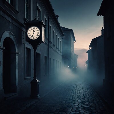 Foggy Street with Street Clock Lamp