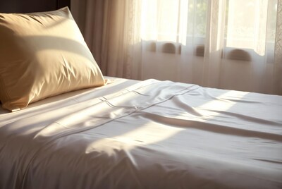Cozy bed with pillow by sunny window