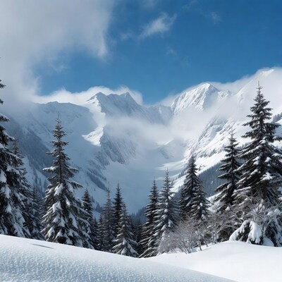 Snowy Mountains with Pine Trees