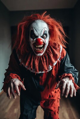 Scary clown roaring with red hair