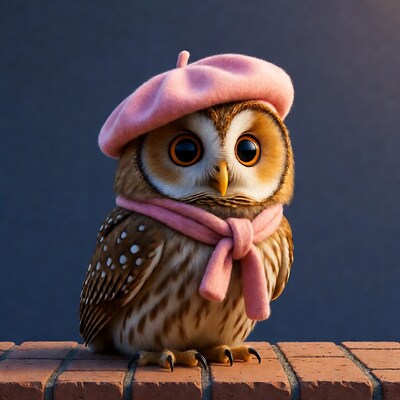 Cute Owl Wearing Pink Beret Scarf
