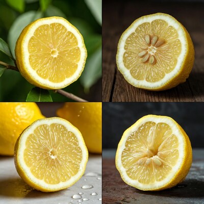 Four sliced lemons on various backgrounds