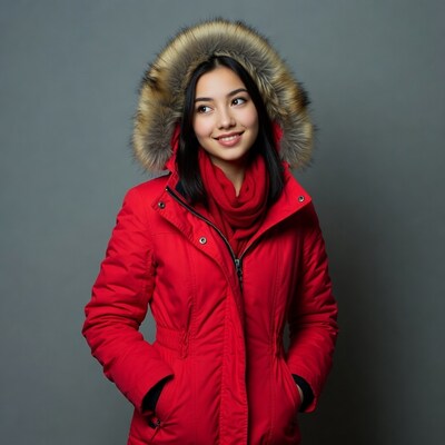 Asian woman in red fur hood jacket
