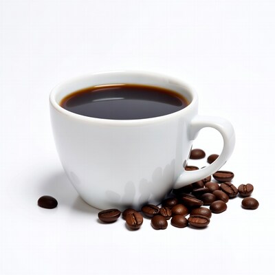 White Cup of Black Coffee with Beans