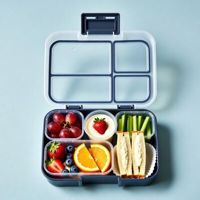 Open Bento Box with Fruits and Sandwiches