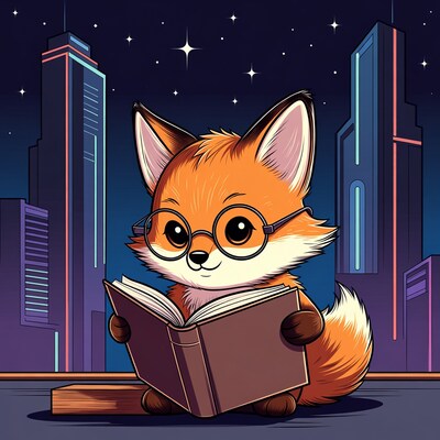 Cute fox reading book in city