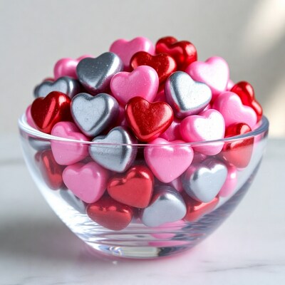 Pink Red Silver Heart Candies in Glass Bowl