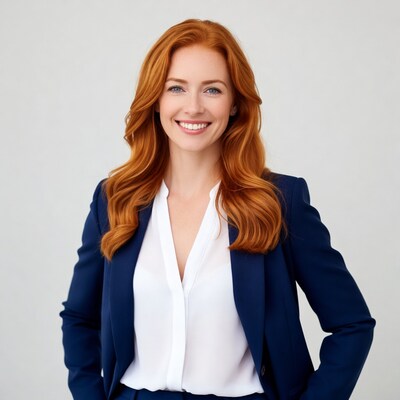 Smiling redhead woman in navy blazer