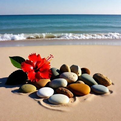Red Hibiscus Flower with Beach Stones