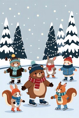 Cute animals ice skating winter scene