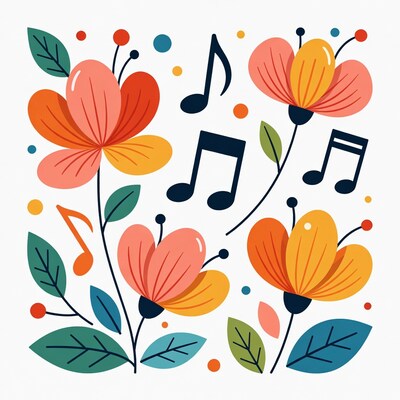 Colorful Flowers with Music Notes Illustration