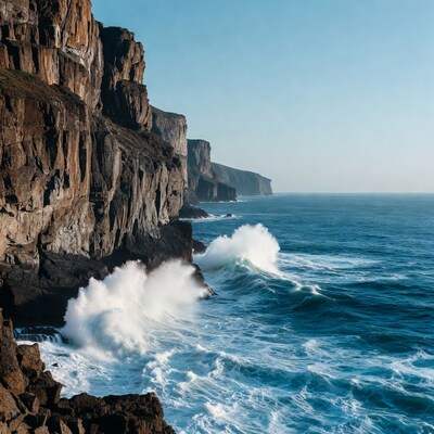 Ocean Waves Crashing Against Cliffs