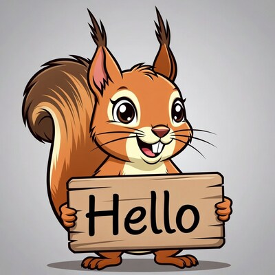 Cartoon squirrel holding Hello sign