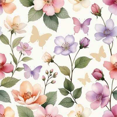 Watercolor Flowers Butterflies Pattern