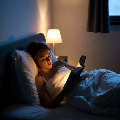 Young woman reading book in bed