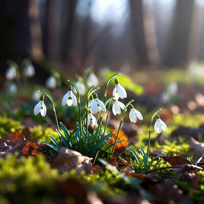 Snowdrops blooming in forest moss
