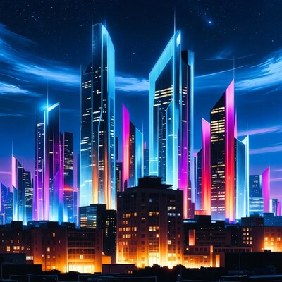 Neon Cyberpunk City Skyline at Night