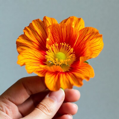 Hand holding orange California poppy
