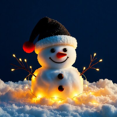 Snowman with Santa hat and fairy lights