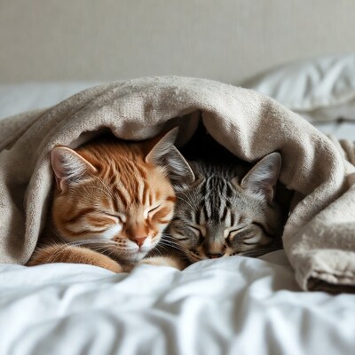 Orange and gray kittens sleeping under blanket