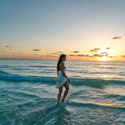 Woman walking in ocean at sunset