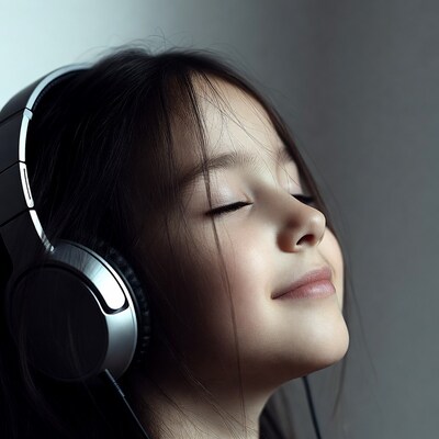 Asian girl listening with headphones